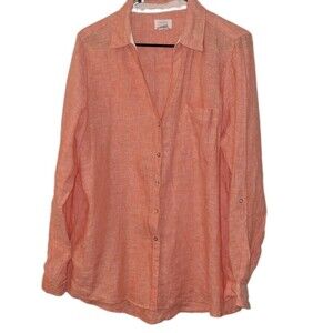 Sigrid Olsen Sz L Womens 100% Linen Shirt Coral Orange Roll-tab Sleeve Coastal